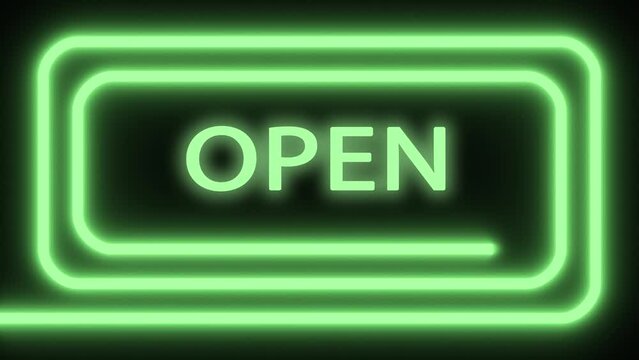 Filmato. Illustrazione 3D.  Avviso. Pubblicit&agrave;. Affari. Insegna luminosa testo OPEN.
