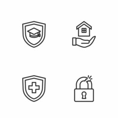 Set line Broken or cracked lock, Life insurance with shield, Graduation cap and House hand icon. Vector