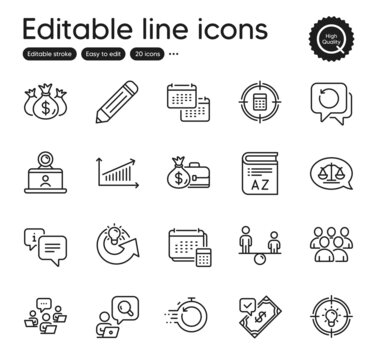 Set of Education outline icons. Contains icons as Check investment, Video conference and Calendar elements. Group, Justice scales, Accepted payment web signs. Inspect, Equity, Pencil elements. Vector