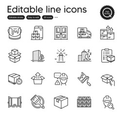 Set of Industrial outline icons. Contains icons as Night city, Open door and Door elements. Builder warning, Wholesale goods, Buildings web signs. Brush, Send box, Packing boxes elements. Vector