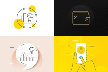 Minimal set of Roller coaster, Decreasing graph and Winner reward line icons. Phone screen, Quote banners. Wallet icons. For web development. Attraction park, Column chart, Best award. Vector