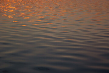 Golden sunset on sea -  colorful pastel orange, yellow, pink reflection of sunbeams and glare of sun in smooth waves of calm blue water with little breeze, water texture, background.