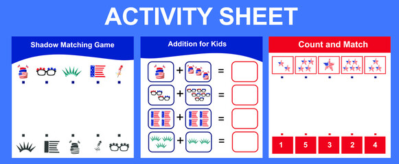 Activity sheets for kids. Cute printable templates with America Independence Day theme. Vector illustrations.