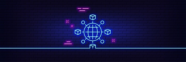 Neon light glow effect. Logistics network line icon. Parcel tracking sign. Goods distribution symbol. 3d line neon glow icon. Brick wall banner. Logistics network outline. Vector