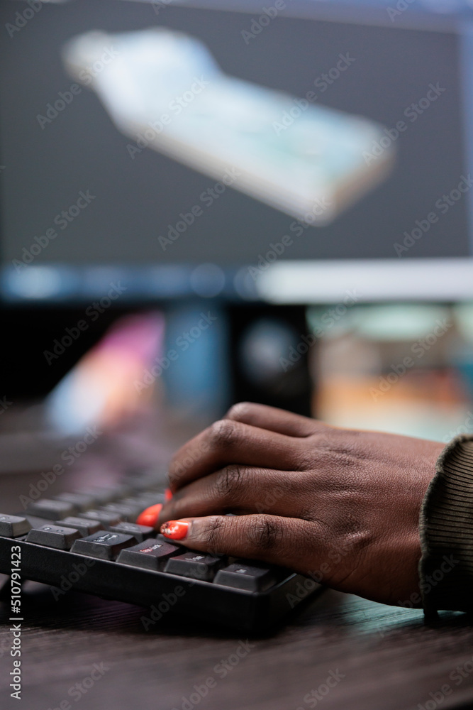 Poster close up of creative professional 3d sketching artist developing digital scene using advanced softwa