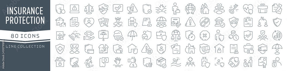 Poster insurance and protection line icons collection. big ui icon set in a flat design. thin outline icons