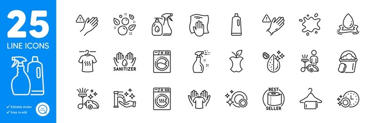 Outline icons set. Hold t-shirt, Shampoo and spray and Cleaning liquids icons. Dry t-shirt, Dont touch, Clean towel web elements. Dirty spot, Cleaning, Washing machine signs. Vector