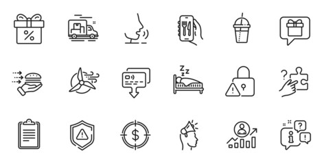 Outline set of Discount offer, Food delivery and Windmill turbine line icons for web application. Talk, information, delivery truck outline icon. Vector