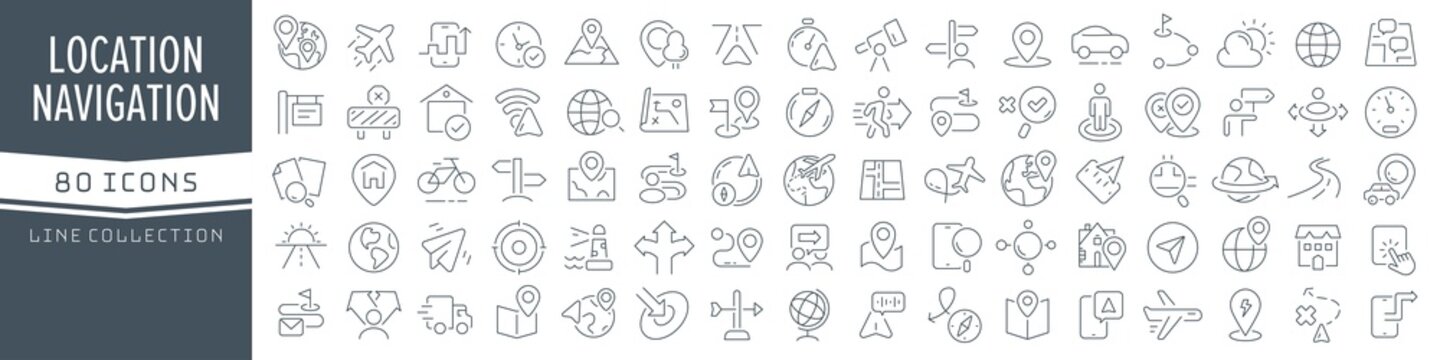 Location and navigation line icons collection. Big UI icon set in a flat design. Thin outline icons pack. Vector illustration EPS10