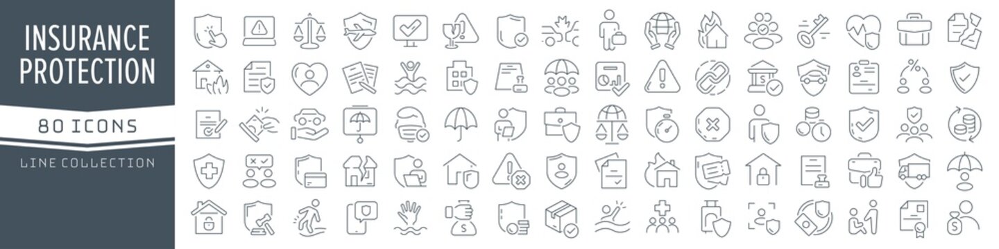Insurance and protection line icons collection. Big UI icon set in a flat design. Thin outline icons pack. Vector illustration EPS10