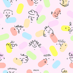 Vector colorful seamless pattern with hand drawn crayon abstract comic funny cute characters in modern cartoon style. For wallpaper, textile print, pattern fills, surface textures, wrapping paper