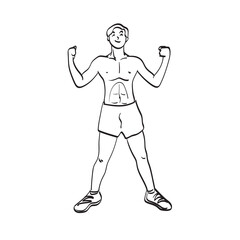 thin bodybuilder posing with his light muscles illustration vector hand drawn isolated on white background line art.