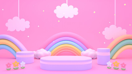 3d rendered podiums with paper clouds, flowers, and rainbows.