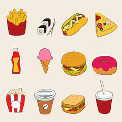 a set of fast food products. french fries,rolls,hot dog,pizza slice,ketchup bottle,ice cream,hamburger,donut,popcorn,coffee,sandwich,drink on beige background. vector illustration