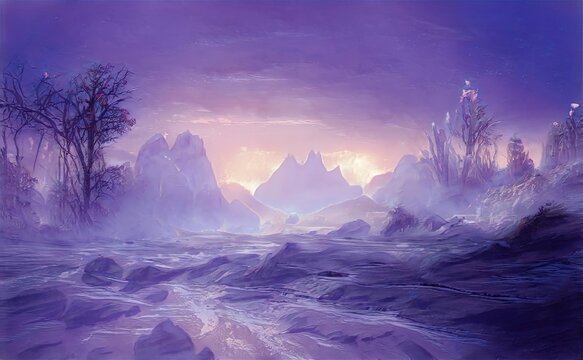Magische lila Fantasy Landschaft mit Gebirge