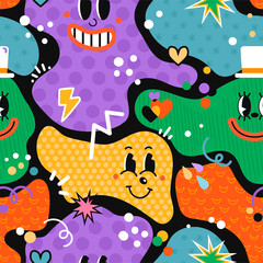 Vector colorful seamless pattern with hand drawn abstract comic funny cute characters in psychodelic cartoon style. Use it for wallpaper, textile print, pattern fills, surface textures, wrapping paper