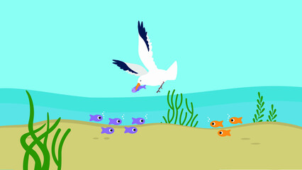 Seagull catches fish in the sea