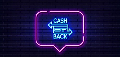 Naklejka premium Neon light speech bubble. Credit card line icon. Banking Payment card sign. Cashback service symbol. Neon light background. Cashback card glow line. Brick wall banner. Vector