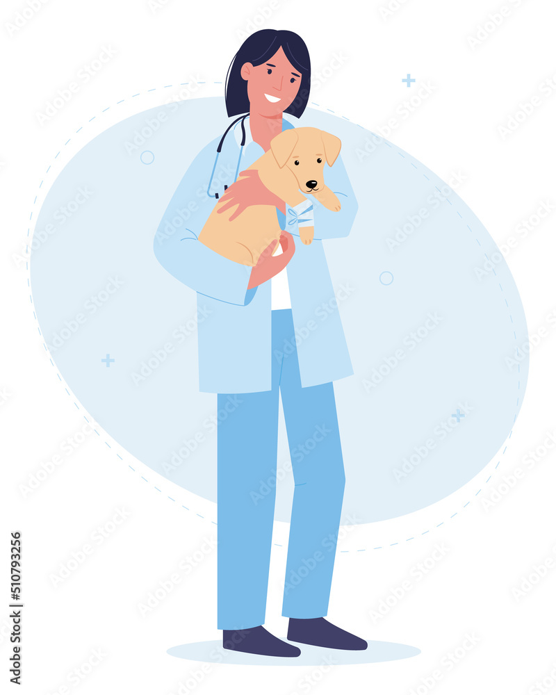 Wall mural smiling female vet holding a dog in her arms. the profession of a veterinarian. pet care. vector ill