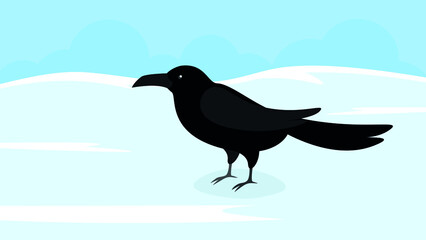 Black crow stands in the snow