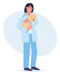Smiling female vet holding a dog in her arms. The profession of a veterinarian. Pet care. Vector illustration