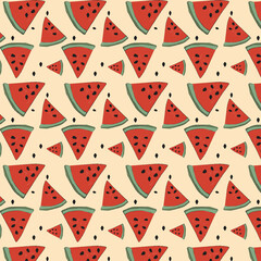 hand-drawn seamless pattern of watermelon slices on beige background. vector illustration
