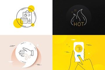 Minimal set of Refresh bitcoin, Report and Hot sale line icons. Phone screen, Quote banners. Donation money icons. For web development. Update cryptocurrency, Accounting, Shopping flame. Vector