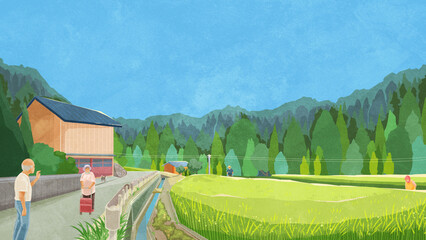 夏の水田のある風景手書き水彩風イラスト © Ko hamari