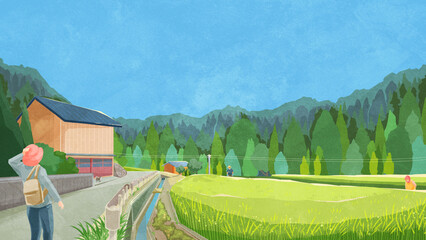 夏の水田のある風景手書き水彩風イラスト © Ko hamari