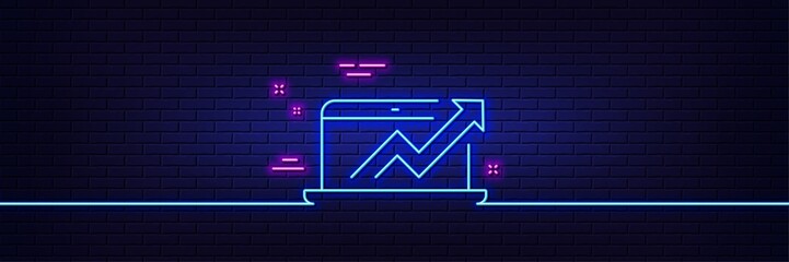 Neon light glow effect. Data Analysis and Statistics line icon. Report graph or Chart sign. Computer data processing symbol. 3d line neon glow icon. Brick wall banner. Sales diagram outline. Vector