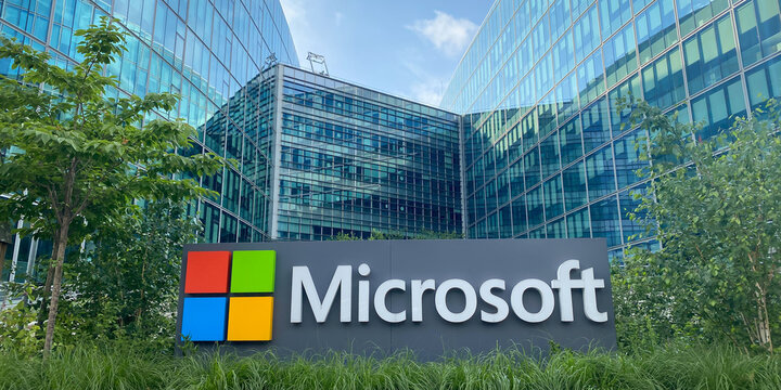 Microsoft sign at the entrance of the headquarters building in Issy les Moulineaux near Paris, France