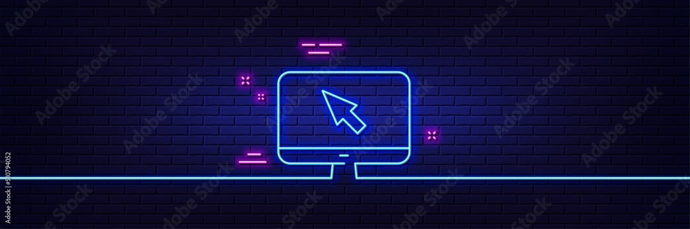 Poster neon light glow effect. computer or monitor icon. mouse cursor sign. personal computer symbol. 3d li