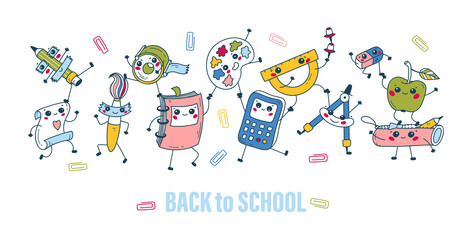 Back to School Vector Banner for Kids Design. Cute School Supplies. Dancing Happy Education Characters. Kawaii Style.