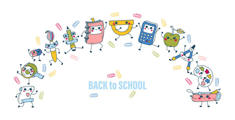 Back to School Banner. Frame from Cute School Supplies. Dancing Happy Education Characters. Vector illustration for kids. Kawaii Style.
