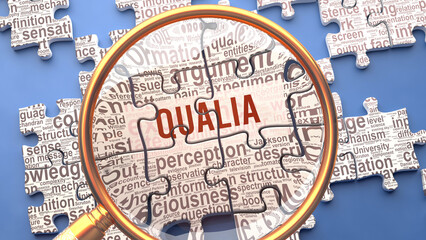 Qualia as a complex and multipart topic under close inspection. Complexity shown as matching puzzle pieces defining dozens of vital ideas and concepts about Qualia,3d illustration