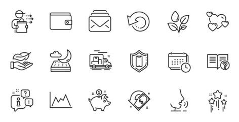 Outline set of Stars, Diagram and Saving money line icons for web application. Talk, information, delivery truck outline icon. Include Smartphone protection, Money wallet, Mail icons. Vector
