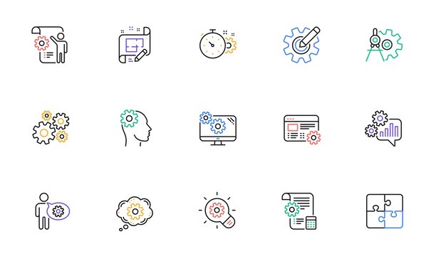 Engineering line icons. Puzzle, Dividers tool and Architect plan. Engineer linear icon set. Bicolor outline web elements. Vector