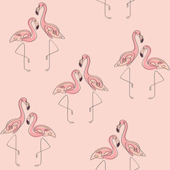 Seamless trendy pattern with flamingo. One line vector illustration for prints, clothing, packaging and postcards.