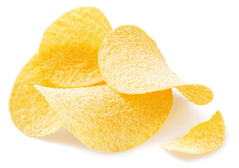 Delicious potato chips isolated on white background.