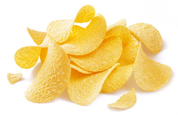 Delicious potato chips isolated on white background.