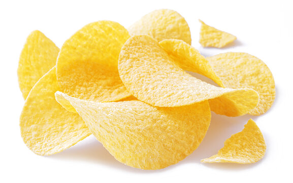 Delicious potato chips isolated on white background.