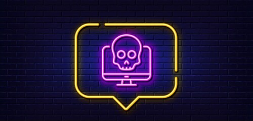 Neon light speech bubble. Cyber attack line icon. Ransomware threat sign. Computer phishing virus symbol. Neon light background. Cyber attack glow line. Brick wall banner. Vector