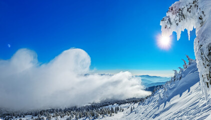 Beautiful sunny winter landscape in thу mountains. Mountain and fir trees covered with snow.