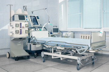 The interior of the intensive care unit in the clinic, without people. Medicine and emergency care...