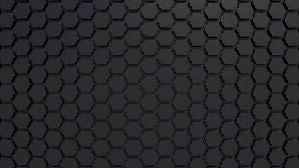 3d hexagon abstract background. Black grid honeycomb texture digital futuristic surface. Technology, computers, network concept