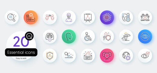 Simple set of Fever, Improving safety and Covid test line icons. Include Social distancing, Check eye, Head icons. Medical mask, Skin cream, Lungs web elements. Skin condition. Vector