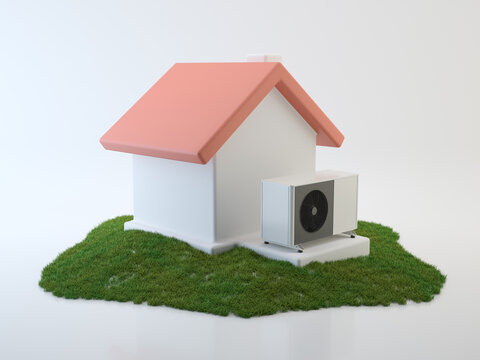 Air heat pump and house, 3D illustration