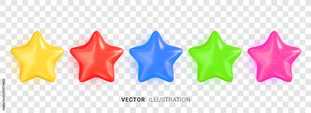 Wall mural set of colorful stars. collection of realistic 3d multicolored vector star shapes on transparent bac