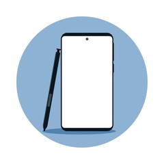 Icon of a modern smartphone with a blank white screen and stylus pen. Trendy flat design. Vector illustration