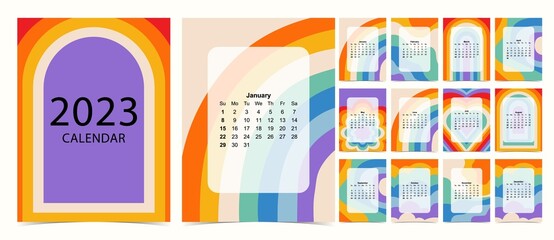 2023 table calendar week start on Sunday with groovy and rainbow that use for vertical digital and printable A4 A5 size